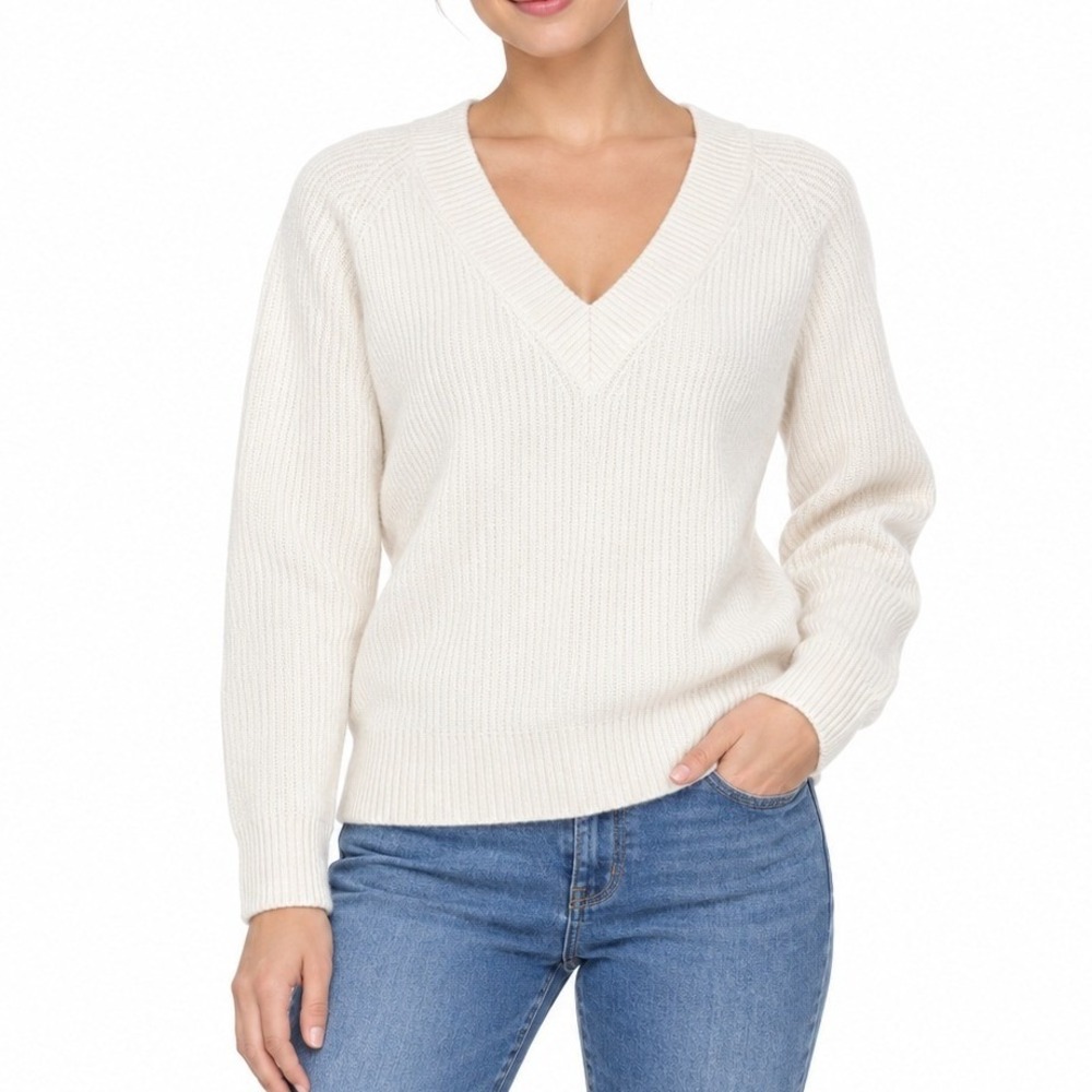 Nordstrom V-Neck Sweater Women XS Ivory Ribbed Alpaca Wool Blend Soft Cozy Knit